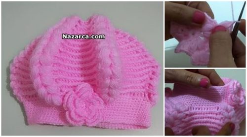 ÖRGÜ KATLI ÇİÇEKLİ PEMBE BERE TARİFİ