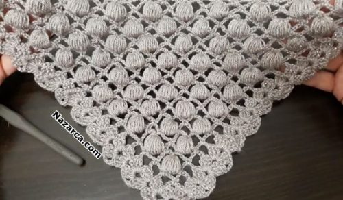 TOPİTOP GÖRÜNÜMLÜ FISTIK ÖRGÜDEN SİMLİ ŞAL YAPILIŞI