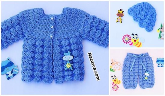 Crochet-baby-knit- pants- cardigan- beanie