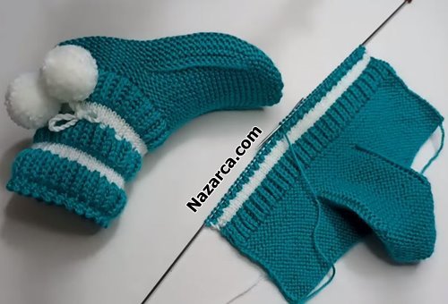 white-pompon-green-hand-knit-socks