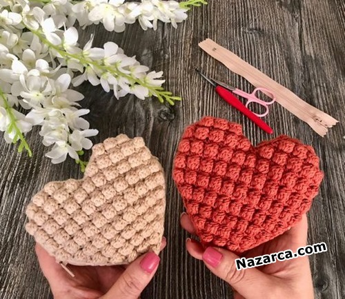 Crochet -Popcorn- Zipper- Heart -Wallet
